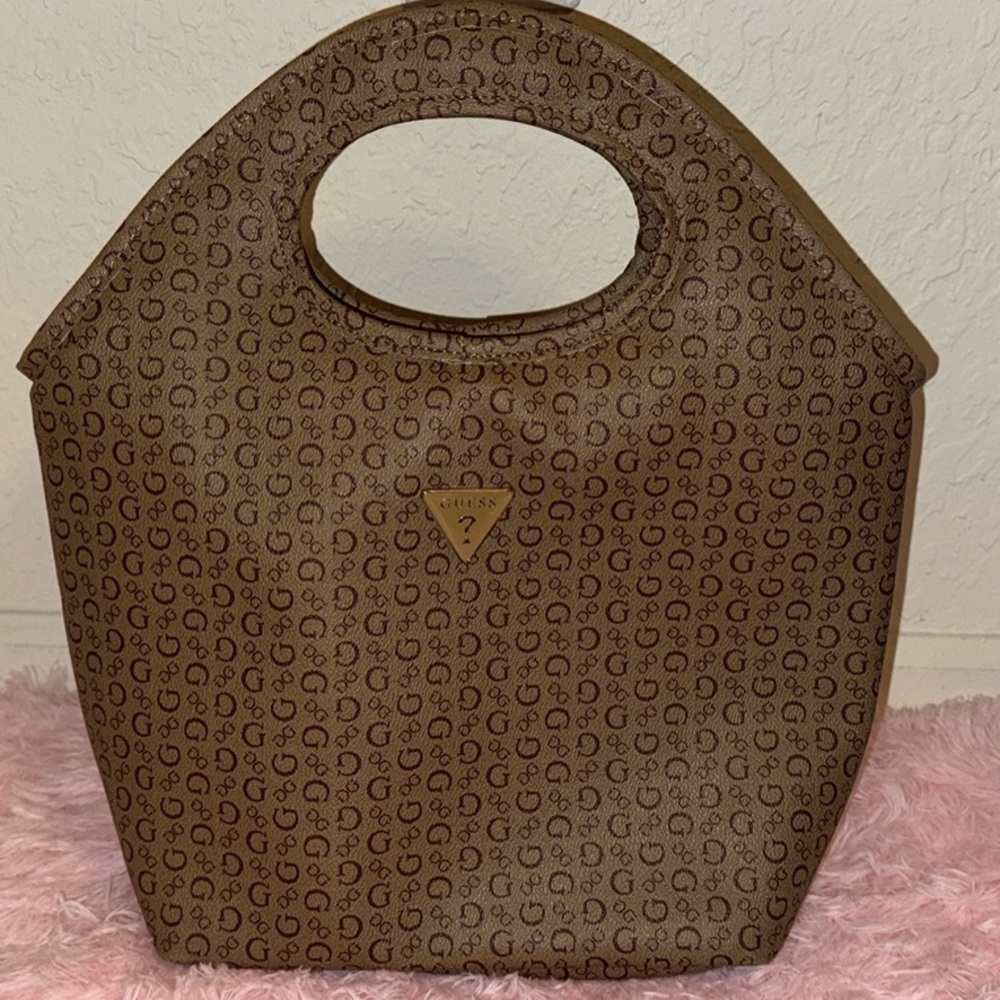 Guess Brown Monogram Tote with Trapezoidal Silhouette